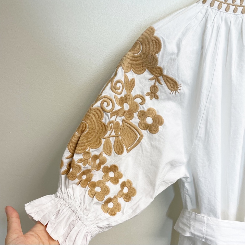 Julia Amory Short Sleeve Coatue Caftan Camel Embroidered Midi Dress - Picture 9 of 11